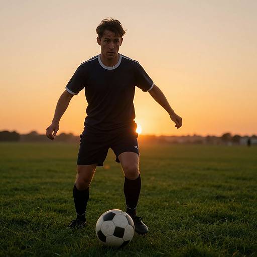 Photograph of a male soccer player in black uniform, mid-kick, at sunset on a grassy field with a sunlit background.