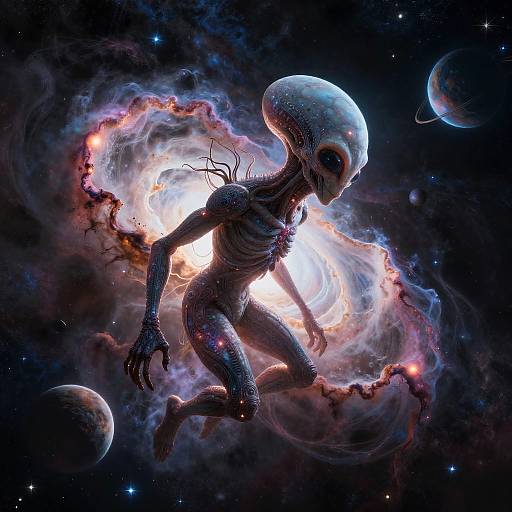 AI-Generated Alien Floating Near Nebula