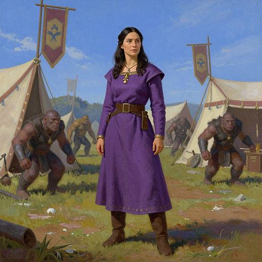 Digital painting: A dark-haired woman in a purple dress stands confidently in front of two tribal warriors and tents with banners. Bright blue sky, grassy