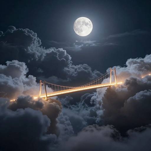 Photograph-like digital art: luminous bridge suspended in dark, cloudy night sky with bright full moon illuminating clouds and bridge lights.