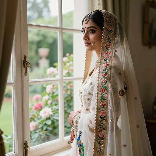 Photograph of a South Asian bride in traditional white lehenga with floral embroidery, veil, and jewelry, standing by a sunlit window with a blurred