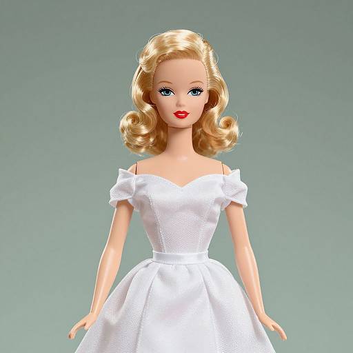 Blonde doll with blue eyes, red lipstick, and curled hair wearing a white off-shoulder, textured dress against a gradient gray background.