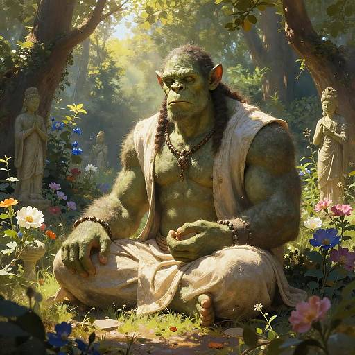 Digital painting of a muscular, green-skinned orc meditating in a sunlit forest, surrounded by colorful flowers, and two stone statues.