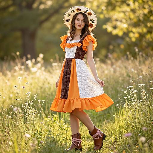 Joyful Woman in Floral Meadow Dress