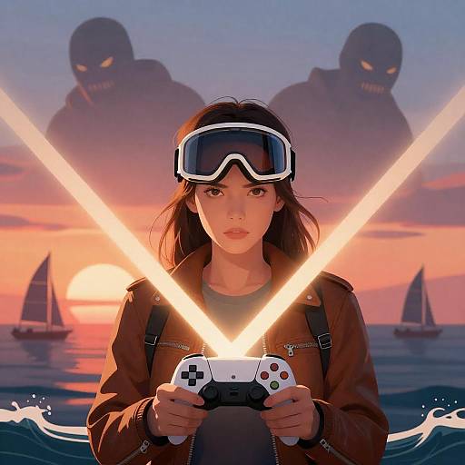 Dynamic Gaming Scene Against Colorful Sunset