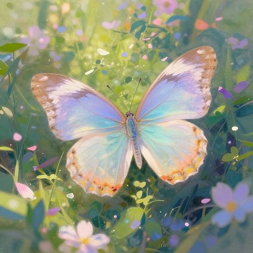 Digital painting of a radiant white and blue butterfly with orange-tipped wings, surrounded by vibrant, sunlit flowers and green foliage.