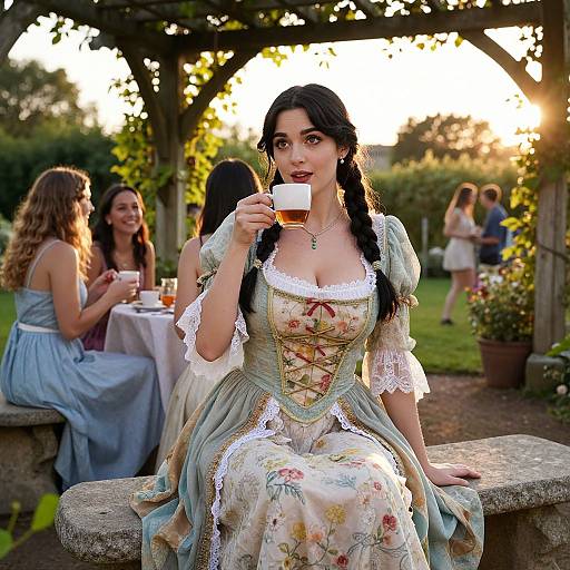 Photograph of a dark-haired woman in a vintage, floral-patterned, corseted dress, sipping tea outdoors at sunset, surrounded by other