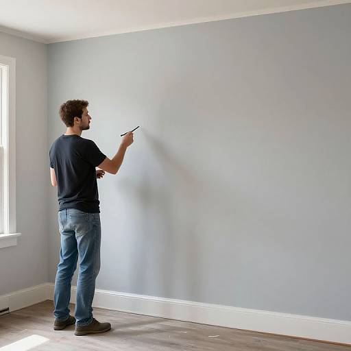 Photograph of a bearded man in black t-shirt and jeans, painting a pale blue wall in a bright, empty room.