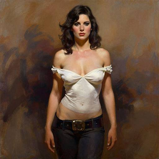 Digital painting of a dark-haired woman with pale skin, wearing a white off-shoulder top and black pants, against a brown, textured background.