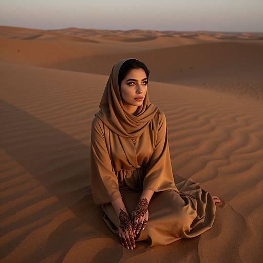 Photograph of a young woman with dark hair, wearing a brown headscarf and dress, seated in a sunlit desert with ripples in the