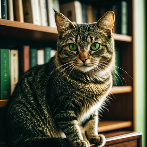 Curious Tabby Cat on Bookshelf