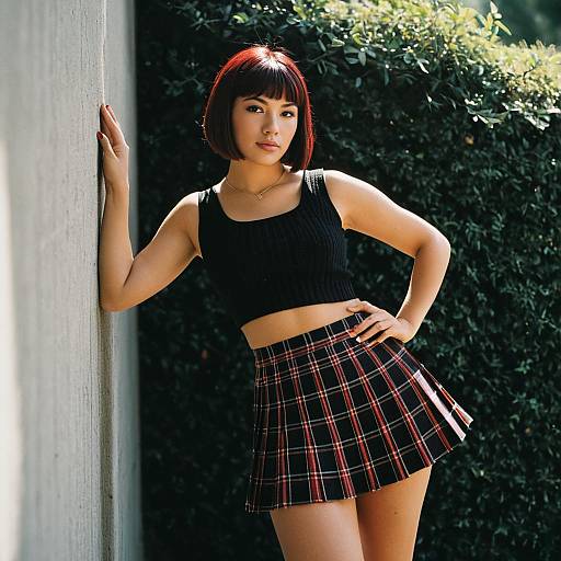Young woman in knit crop top and plaid mini skirt