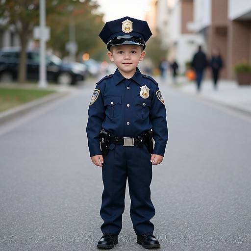 Photograph of a young boy in a dark blue police uniform, complete with hat and badge, standing on a blurred urban street.