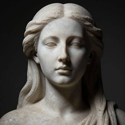 Photograph of a marble bust of a serene, classical-style female figure with long, wavy hair, soft facial features, and calm expression, set