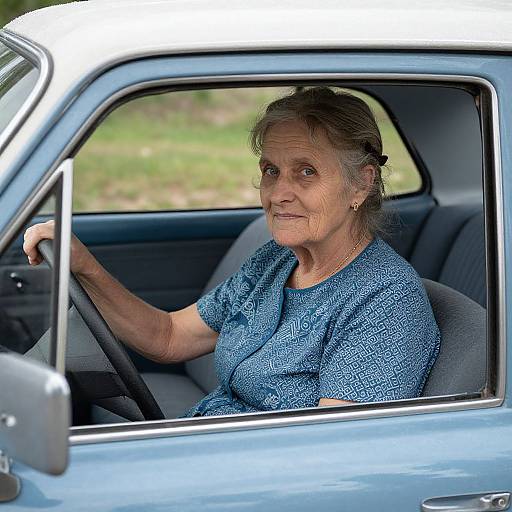 Photograph of an elderly woman with wrinkled skin, gray hair, wearing a blue patterned shirt, driving a light blue vintage car.