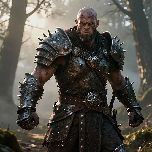 Photorealistic CGI image of a muscular, bald, bloodied warrior in dark, spiked metal armor, standing in a misty forest. Sunlight