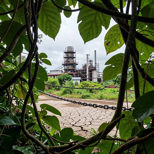 Photograph of an industrial plant seen through green leafy branches and a chain-link fence, with cracked pavement in the foreground.