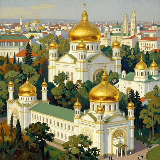 Photorealistic painting of a golden-domed Orthodox cathedral surrounded by lush green trees, with a cityscape of red-roofed buildings in the background