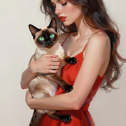 Digital painting of a pale-skinned woman with long brown hair, wearing a red dress, cradling a Siamese cat with bright green eyes