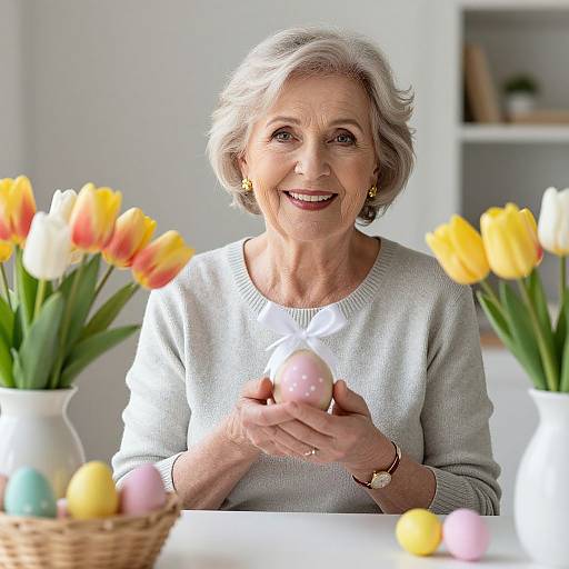 Photograph of an elderly woman with short gray hair, smiling, holding a pink Easter egg, surrounded by yellow and white tulips.
