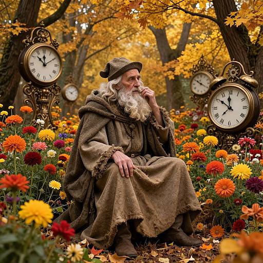 Photograph: Wise, elderly man with white beard, brown cloak, and hat, sitting among autumn flowers, surrounded by six vintage clock towers in a