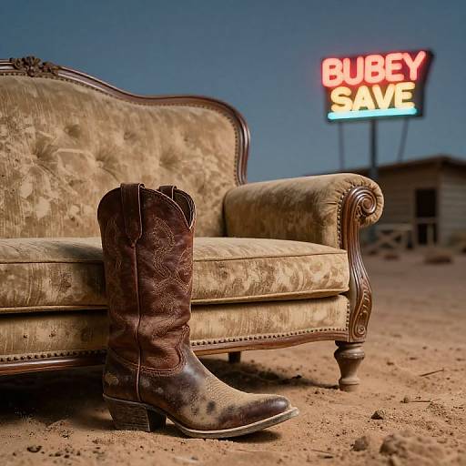 Photograph of worn brown cowboy boots beside vintage, beige floral-patterned sofa in desert, with neon 