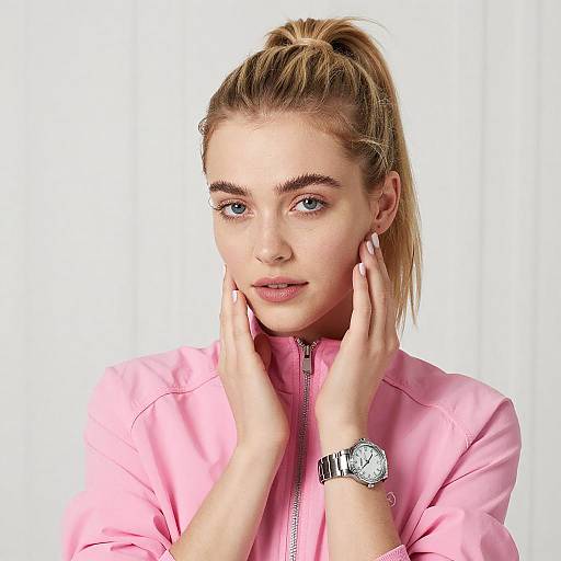 Portrait of Blonde Woman in Pink Jacket