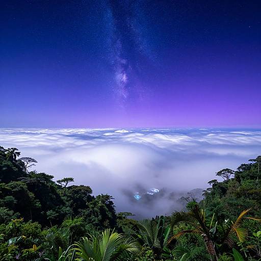 Photograph of a night sky with the Milky Way visible above a sea of clouds, surrounded by dense, dark green tropical foliage in the foreground.
