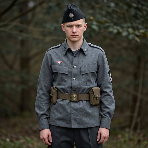 Photograph of a young white male soldier in a gray World War II-era German uniform with black cap, brown belt, and forest background.
