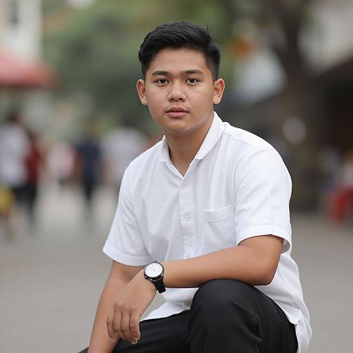 Young Asian man with short black hair, wearing a white shirt and black pants, sitting on the ground, blurred urban background.