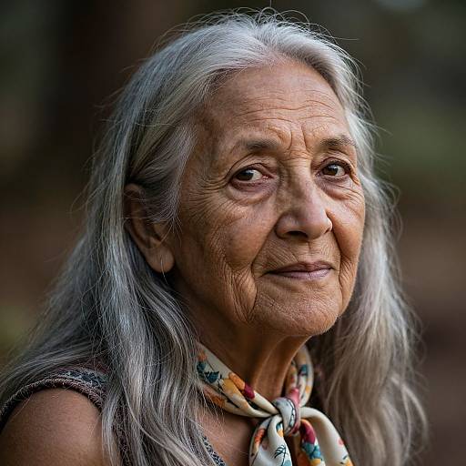 Photograph of an elderly woman with long, silver hair, wrinkled skin, wearing a colorful scarf, and smiling subtly in a forest.