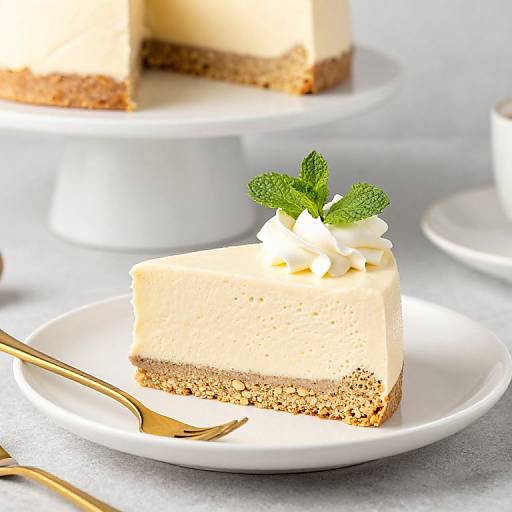 Photograph of a slice of creamy, beige cheesecake with a brown graham cracker crust, topped with whipped cream and mint, on a white