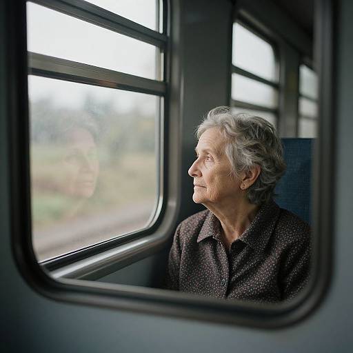Photograph of an elderly woman with gray hair, wearing a dark polka-dot coat, gazing out a train window, reflecting a blurred outdoor landscape