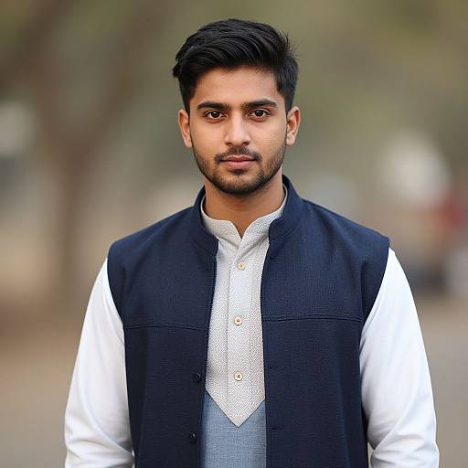 Photograph of a young South Asian man with short black hair, beard, and brown eyes, wearing a black vest over a white shirt, standing outdoors
