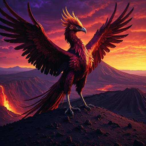 Crimson Phoenix on Volcanic Crater at Dawn Crimson Phoenix on Volcanic Crater at Dawn