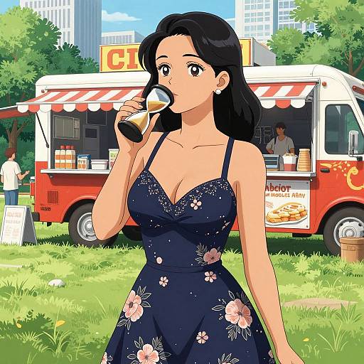 Digital anime-style illustration of a black-haired woman with large breasts, wearing a dark floral dress, sipping from a soda bottle in front of a red