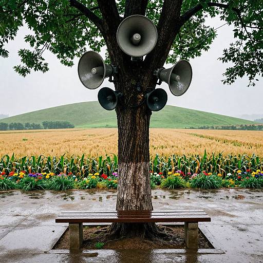 Photograph of a wooden bench under a tree with multiple black loudspeakers attached, surrounded by a vibrant flower bed and golden cornfield, with a