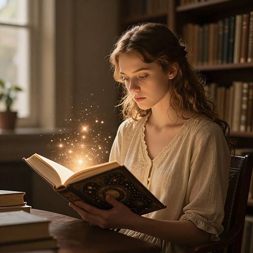 Photograph of a young woman with long, wavy brown hair, wearing a cream linen shirt, reading a magical book with glowing sparks in a dim