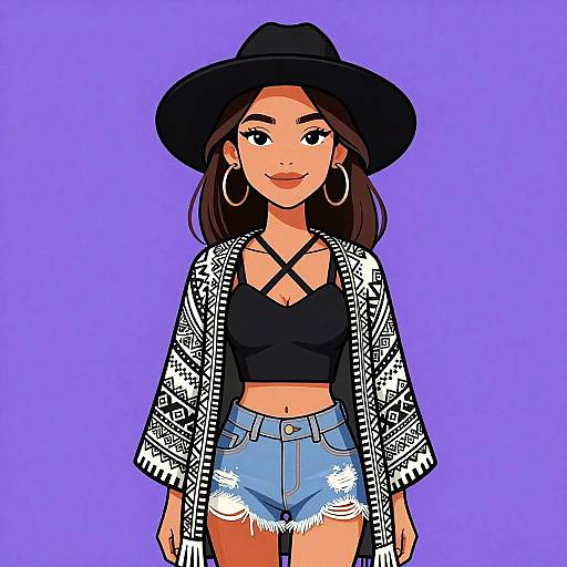 Digital illustration of a confident woman with tan skin, black hat, hoop earrings, black crop top, strappy harness, frayed denim shorts, and