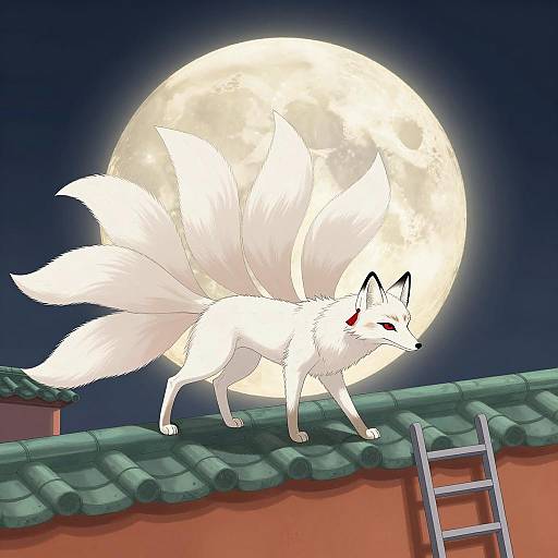 White Nine-Tailed Fox on Rooftop at Night
