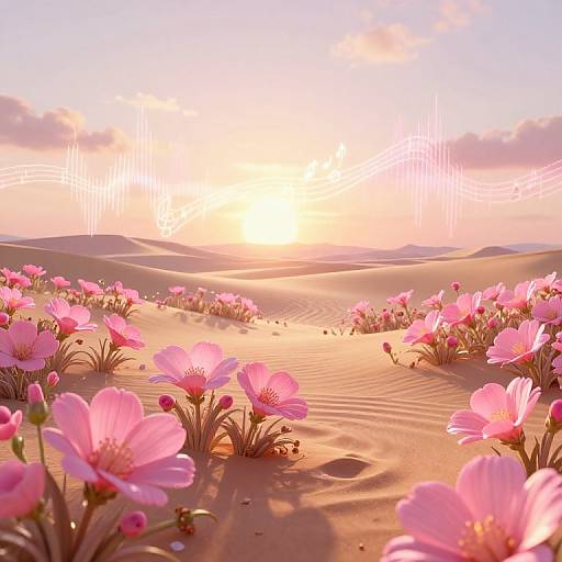 Photorealistic digital artwork of a sunlit desert landscape with pink flowers blooming in sand dunes, casting soft shadows, under a bright, orange