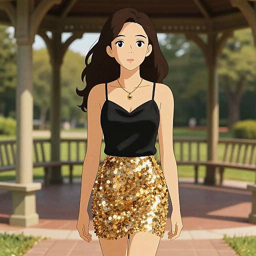 Digital anime-style drawing of a young woman with long brown hair, wearing a black spaghetti strap top and gold sequin skirt, standing in a sunlit