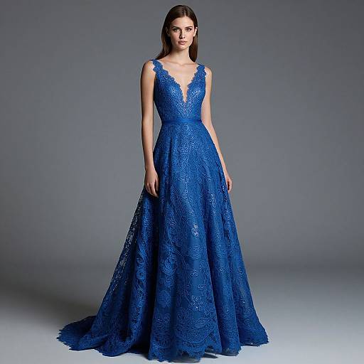 Photograph of a brunette woman in a floor-length, deep blue lace gown with a V-neck and sheer sleeves, standing against a gray background.