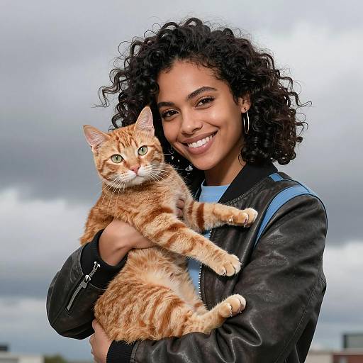 Smiling Woman Holding Orange Tabby Cat
