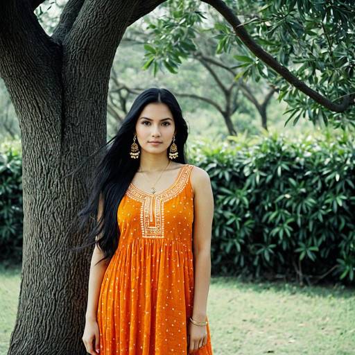 Woman in Tangerine Bandhani Dress Outdoors