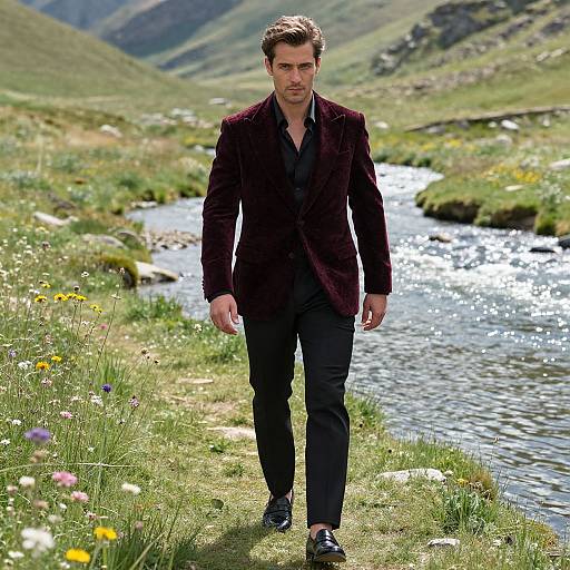 Photograph of a handsome man in a dark velvet blazer, black shirt, and pants, walking along a sunny, flower-filled meadow beside a