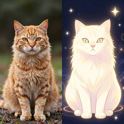 Photograph of an orange tabby cat with striped fur on the left, contrasted with a glowing, white, ethereal cat illustration on the right