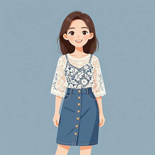 Digital anime-style drawing of a smiling young woman with brown hair, wearing a white lace top and blue buttoned skirt, against a light blue background.
