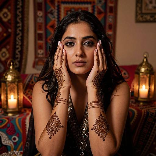 Photograph of a beautiful South Asian woman with dark hair, intricate henna designs, and dark eyes, hands on face, surrounded by warm lanterns