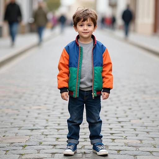 Photograph of a young boy with brown hair, wearing an orange, blue, and green jacket, gray shirt, dark pants, and blue sneakers,